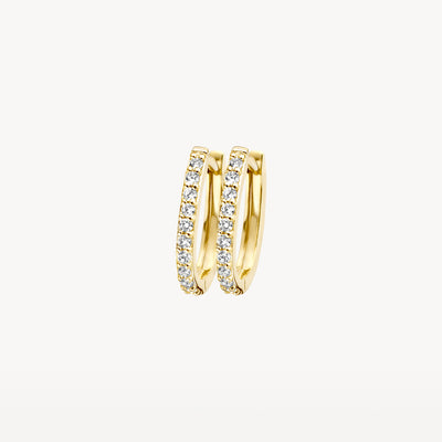 Earrings of 14k Yellow gold with row of zirconias and closure closing at earlobe.