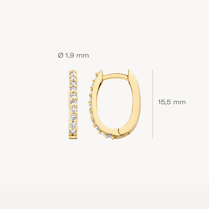 Oorringen 14k geelgoud met rij zirkonia, 15,5 mm hoog en 1,9 mm breed.