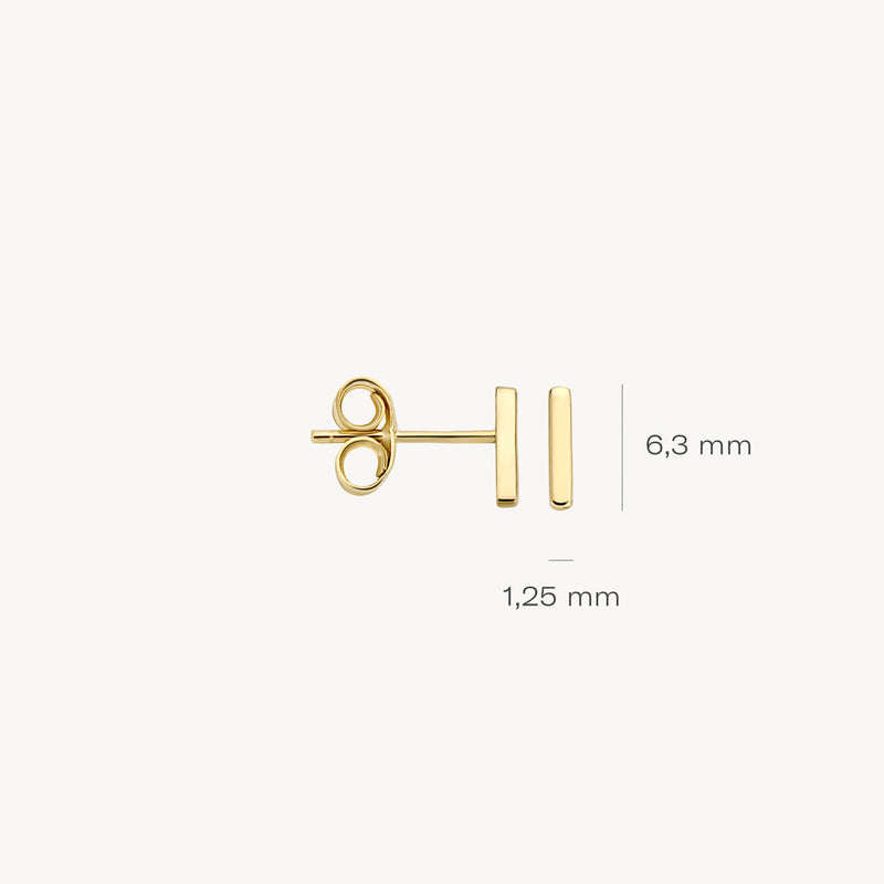 Oorknopjes van 14k geel goud met minimalistisch rechthoekig design, 6,3 x 1,25 mm.