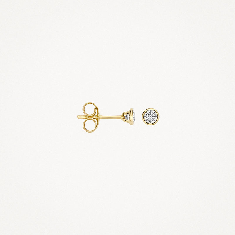 14k geelgouden oorknop met ronde zirkonia en klassieke sluiting.