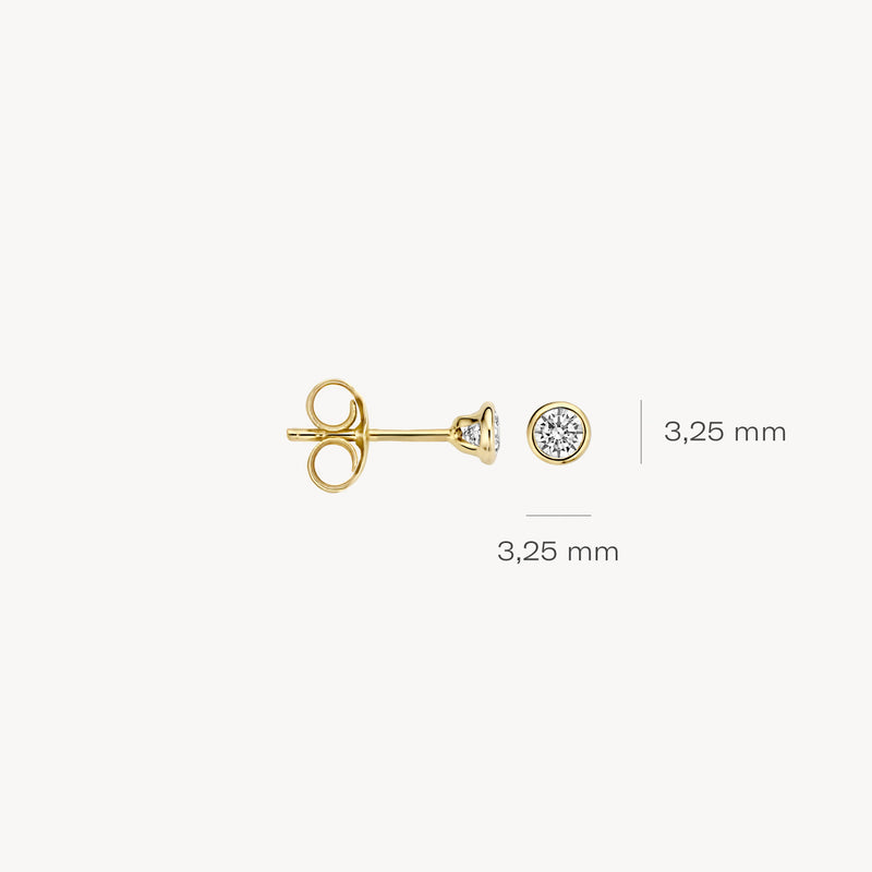 14k geelgouden oorknop met ronde zirkonia van 3,25 mm diameter.