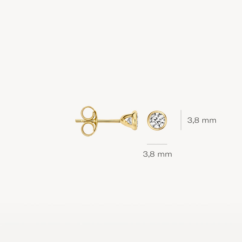 Puces d'oreilles en or jaune 14k avec des Zircones rondes, diamètre 3,8 mm.