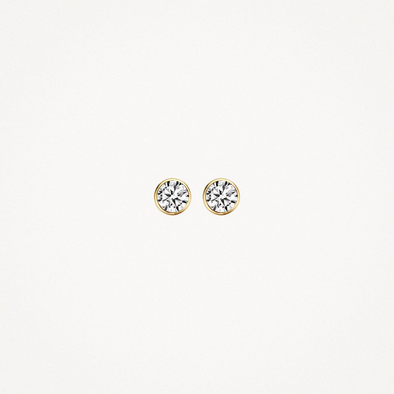 14k geelgoud oorknoppen met ronde zirkonia steentjes, subtiel en glanzend.
