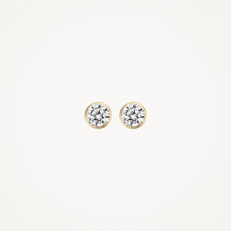 Oorknoppen van 14k geel goud met ronde zirkonia steentjes, bicolor goud detail.