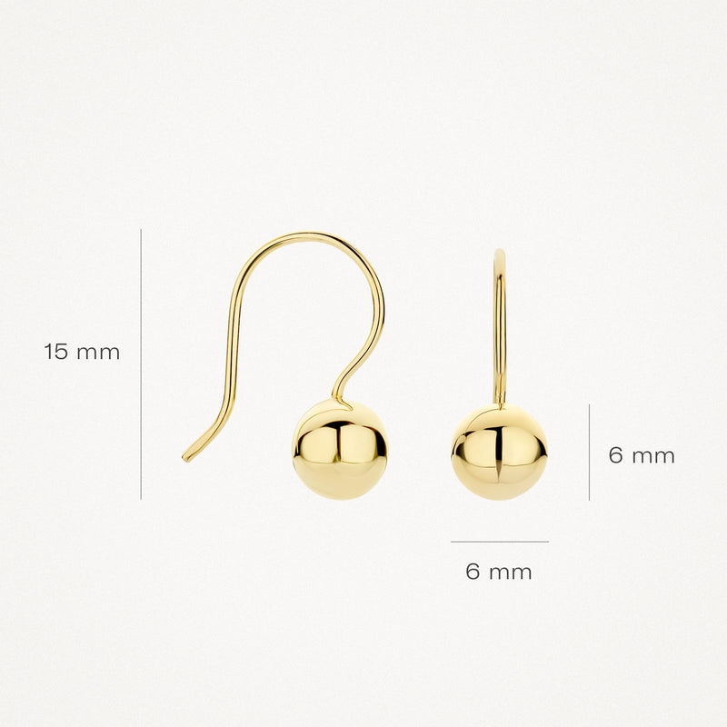 Oorbellen van 14k geelgoud met bolvormige hanger van 6 mm en haakluiting van 15 mm.