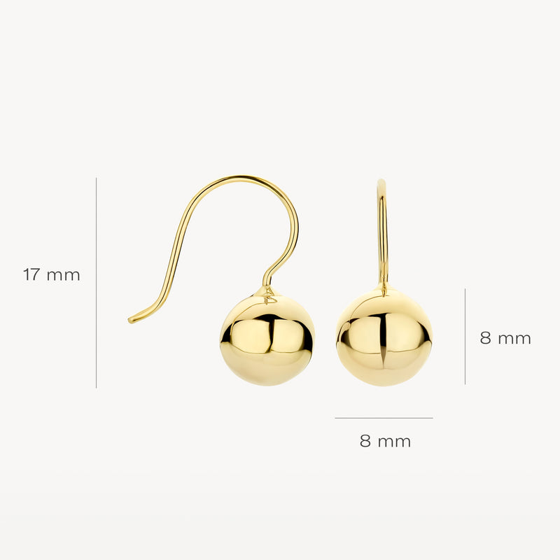 14k geelgouden oorbellen met ronde bol van 8 mm en haaksluiting, 17 mm lang.
