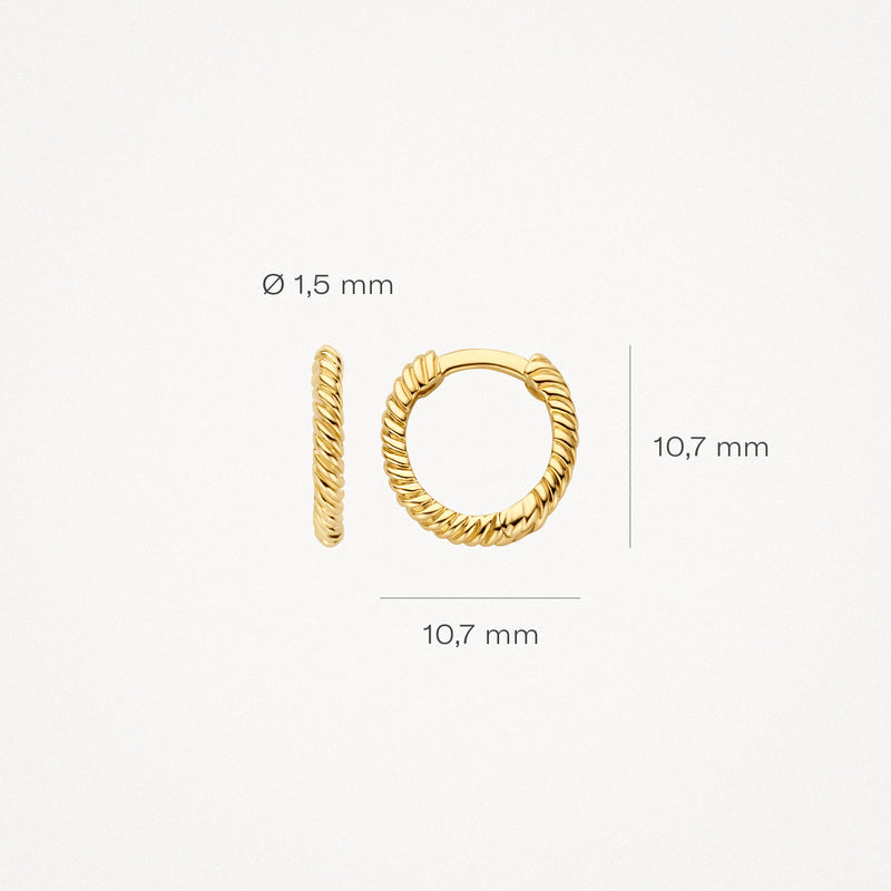 Oorringen van 14k geelgoud met gedraaide textuur, 10,7 mm diameter en 1,5 mm breedte.