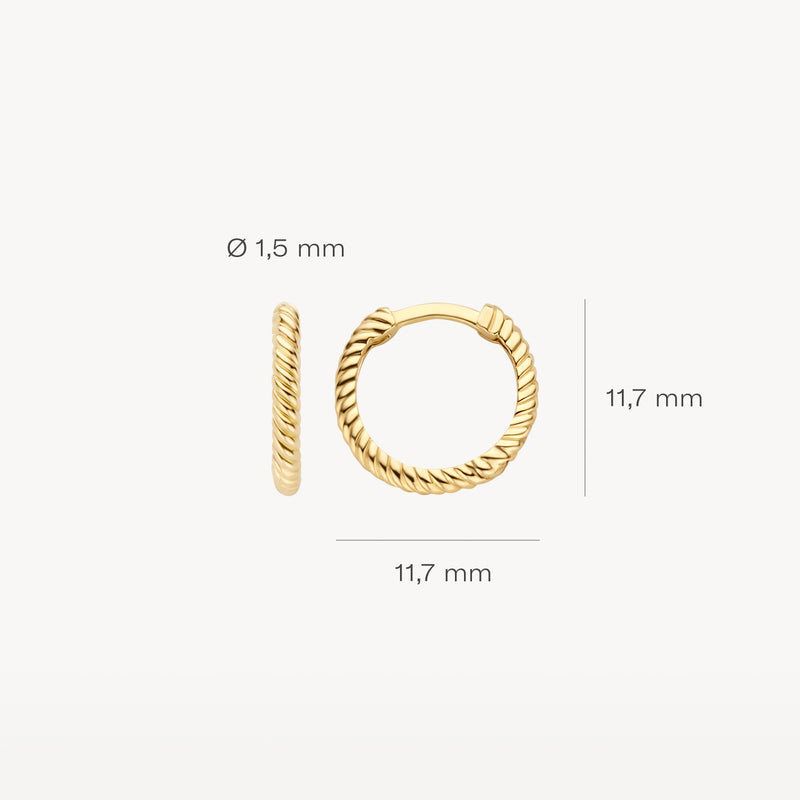 14k geelgouden oorringen met gedraaide textuur, diameter 11,7 mm, breedte 1,5 mm.