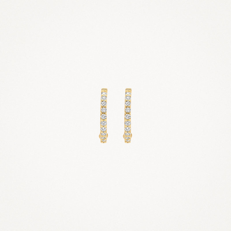 Anneaux d'oreilles en or jaune 14k avec rangée de Zircone et détail de petite fleur.