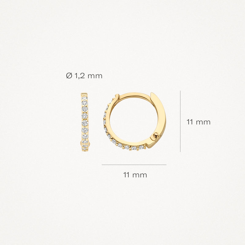 Oorringen van 14k geelgoud met zirkonia, 11 mm diameter, 1,2 mm breed.