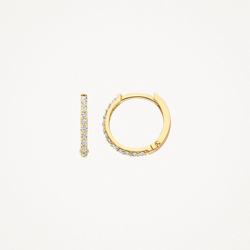 Oorringen van 14k geelgoud met rij zirkonia's in slanke vorm.