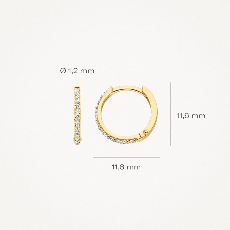 14k geelgouden oorringen met zirkonia, 11,6 mm diameter, 1,2 mm breedte.