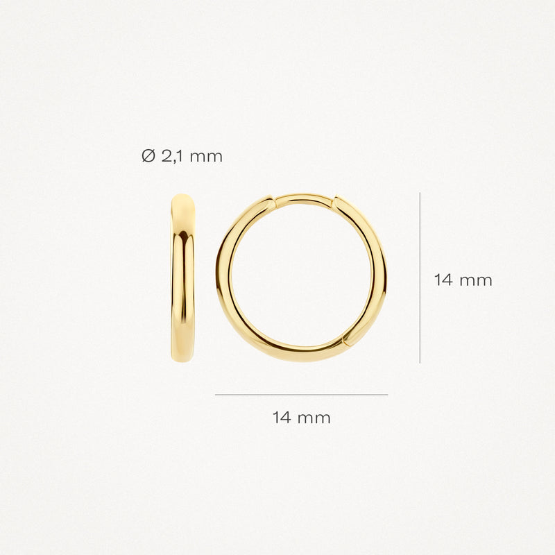 Oorringen van 14k geelgoud, glad met een diameter van 14 mm en breedte van 2,1 mm.