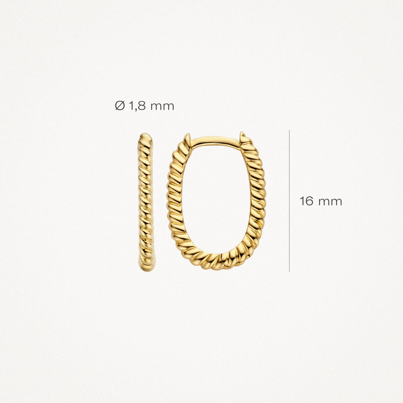 Ovale oorringen van 14k geel goud met gedraaide textuur, 16 mm hoog, 1,8 mm breed.