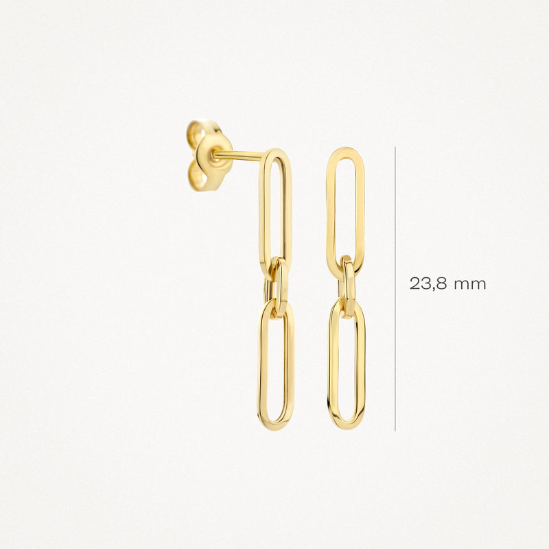 14k geelgouden schakel oorbellen met langwerpige, grove schakels, 23,8 mm lang.
