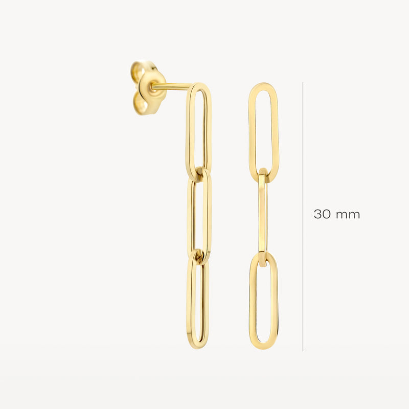 14k geelgouden oorbellen met grove schakel van 30 mm lengte.
