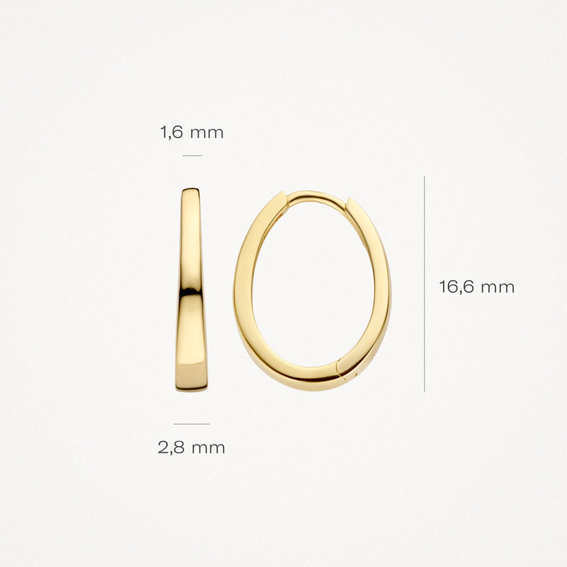 Créoles d'oreilles en or jaune 14k avec une bande étroite et brillante de 1,6 mm de largeur et 16,6 mm de hauteur.