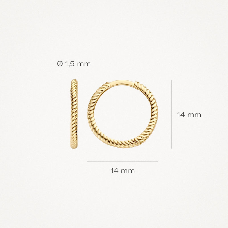 14k geelgouden oorringen met gedraaide textuur en diameter van 14 mm.