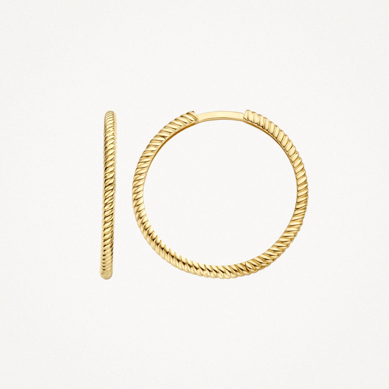 Gele 14k goud oorringen met gedraaide textuur en ronde vorm.
