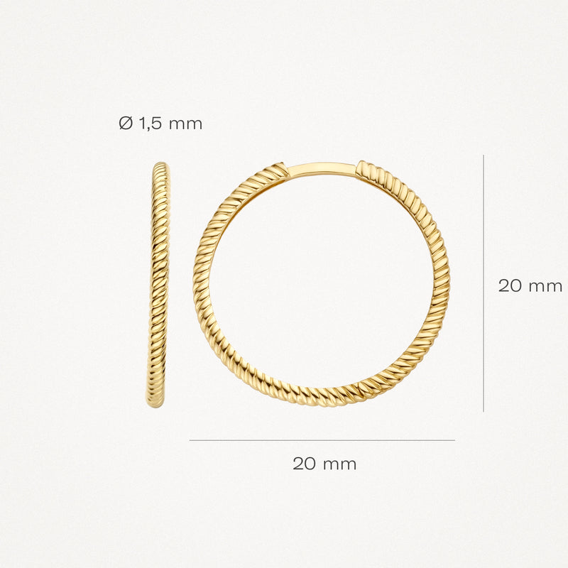 Oorringen van 14k geelgoud met gedraaide textuur, 20 mm diameter, 1,5 mm dikte.