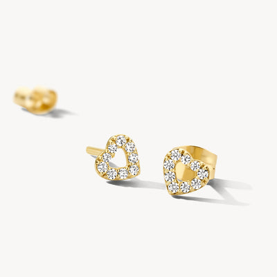 Earstuds made of 14k Yellow gold in heart shape with zirconia decorative stones all around.