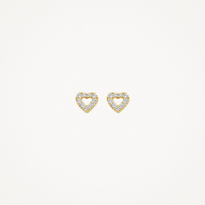 Puces d'oreilles en forme de cœur en or jaune 14k avec des pierres en Zircone sur tout le pourtour.