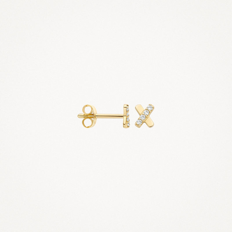 14k geelgouden oorknop met kruisvorm en fonkelende zirkonia's.