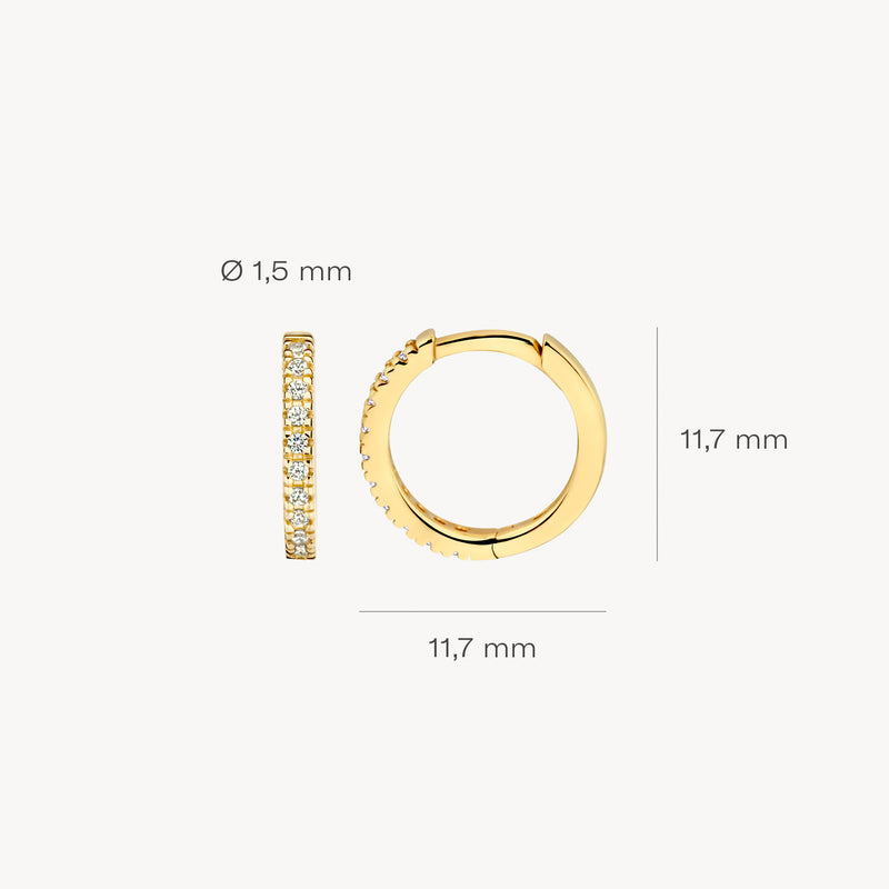 14k geelgouden oorringen met zirkonia, diameter 11,7 mm, breedte 1,5 mm.