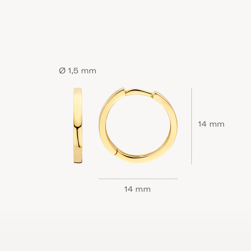 Anneaux d'oreilles en or jaune 14k d'un diamètre de 14 mm et d'une largeur de 1,5 mm.