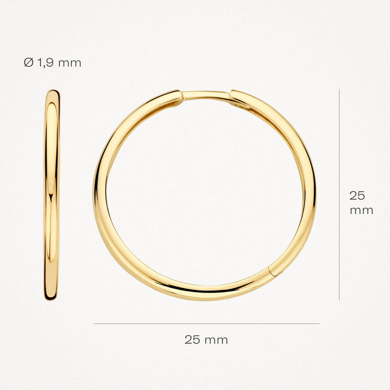 Ohrringe aus 585er Gelbgold mit 25 mm Durchmesser, glatter Oberfläche und 1,9 mm Breite.