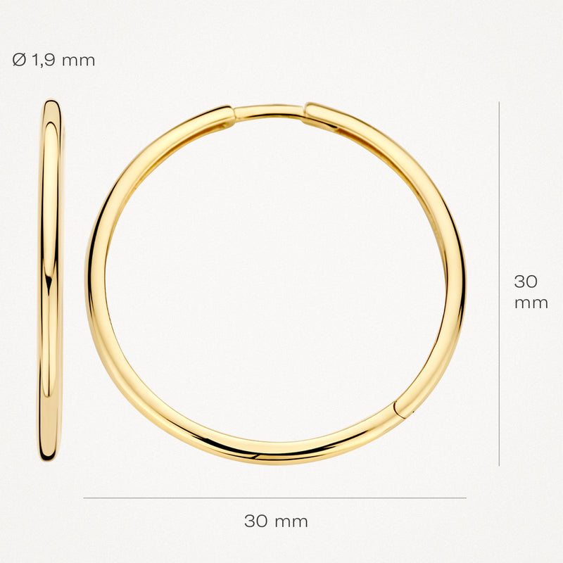 Oorringen van 14k geelgoud, glad en rond, 30 mm diameter, 1,9 mm breed.