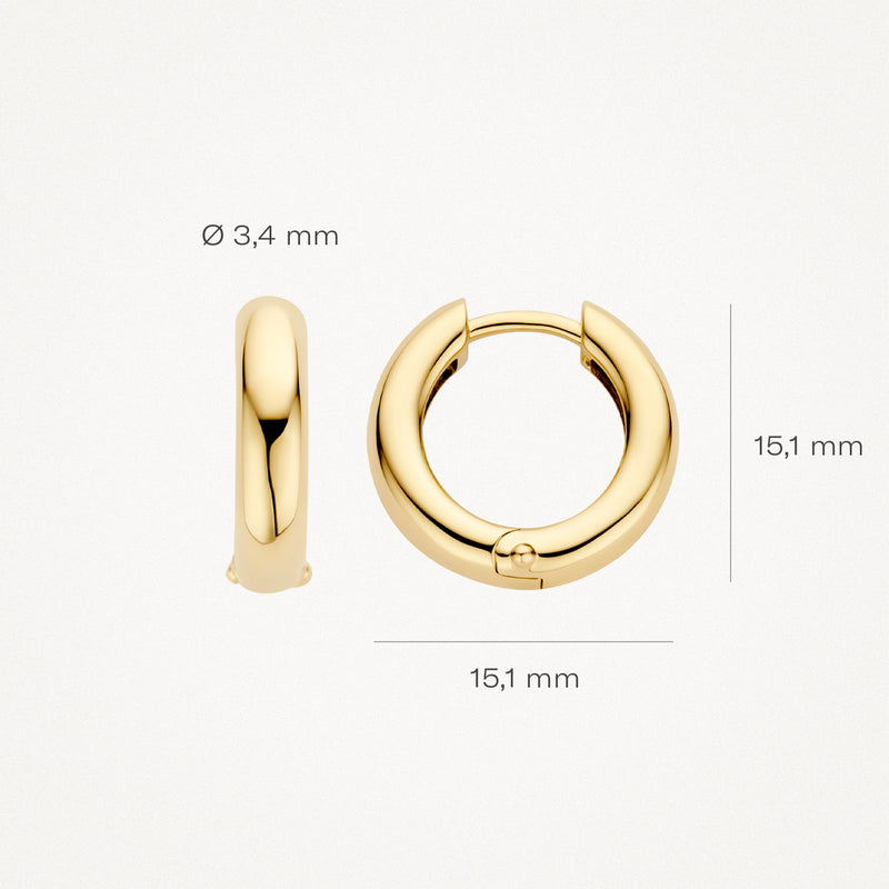 Ronde oorringen van 14k geelgoud, 15,1 mm diameter, 3,4 mm breedte.