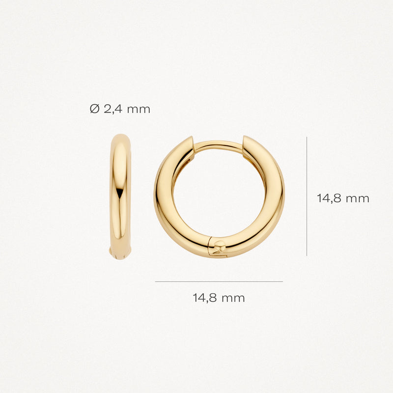 Ronde oorringen van 14k geelgoud, 14,8 mm diameter en 2,4 mm breedte.