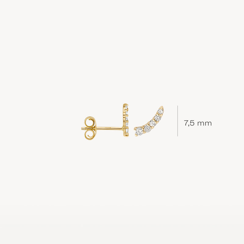 14k geelgouden oorknop met halve rij zirkonia, lengte 7,5 mm.