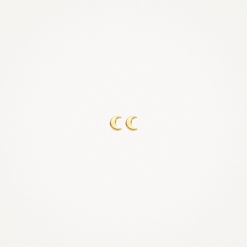 Kleine oorknoppen in 14k geel goud, halve maanvormige details, glanzende afwerking.