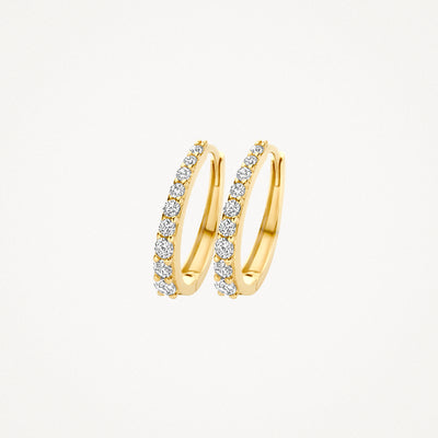 Earrings in 14k Yellow gold with row of Zirconia stones and smooth finish.