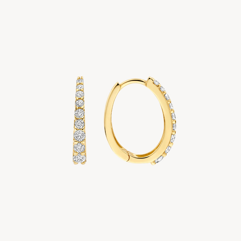 Oorringen van 14k geelgoud met rij zirkonia’s, glanzende afwerking, smalle ringstijl.