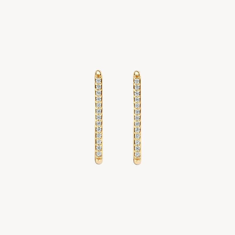 Oorringen van 14k geelgoud met rij zirkonia stenen in verticale rij.