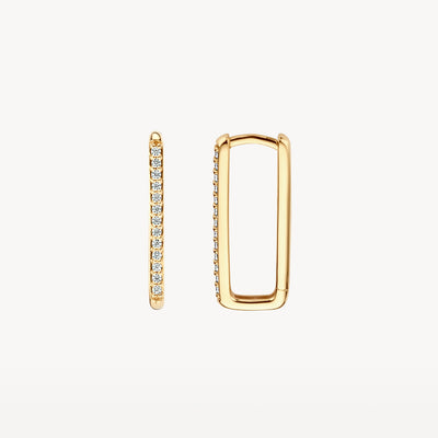 Oorringen in 14k geelgoud met rij zirkonia voorkant en gladde achterkant.