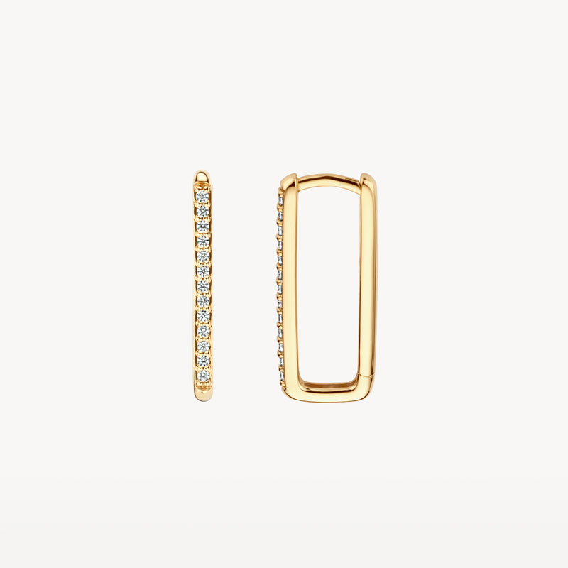 Oorringen in 14k geelgoud met rij zirkonia voorkant en gladde achterkant.