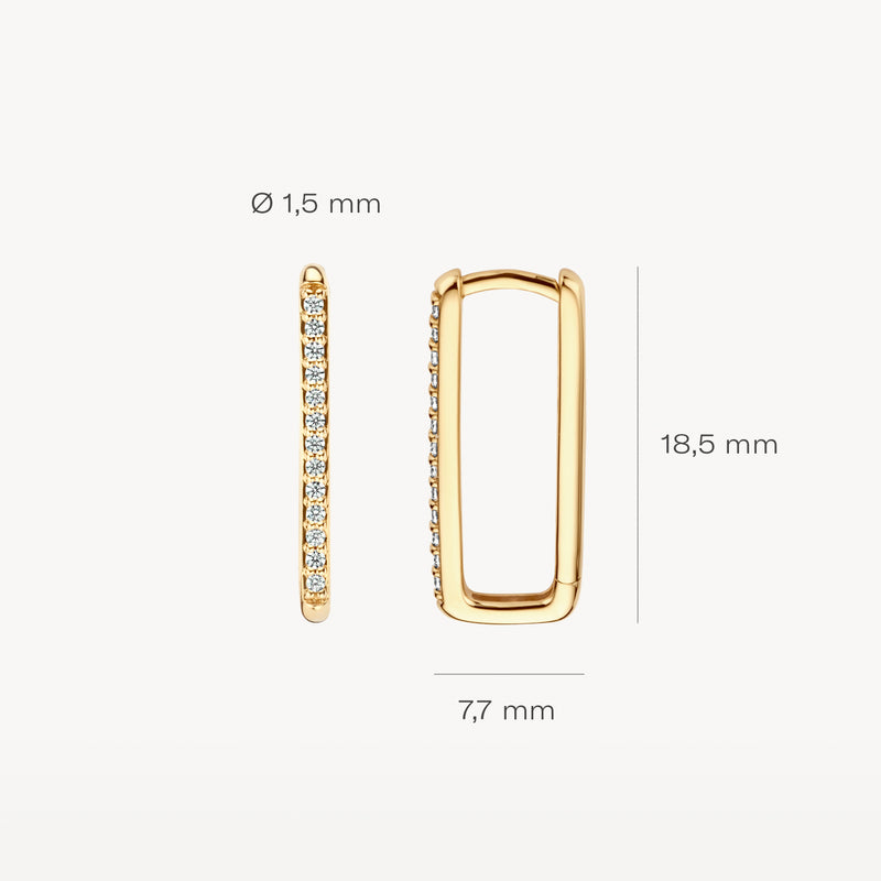 Rechthoekige oorringen van 14k geelgoud met zirkonia, 18,5 mm hoog, 7,7 mm breed, 1,5 mm dik.