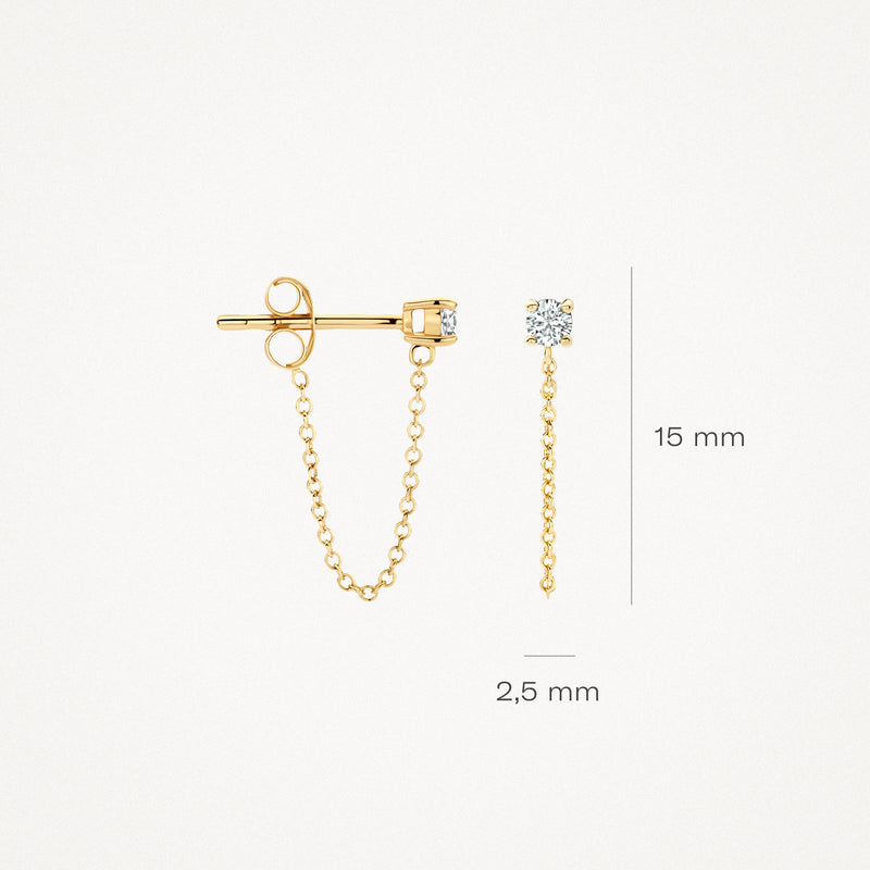 14k geelgouden oorknop met fijne schakelketting en zirkonia van 15 mm lengte.
