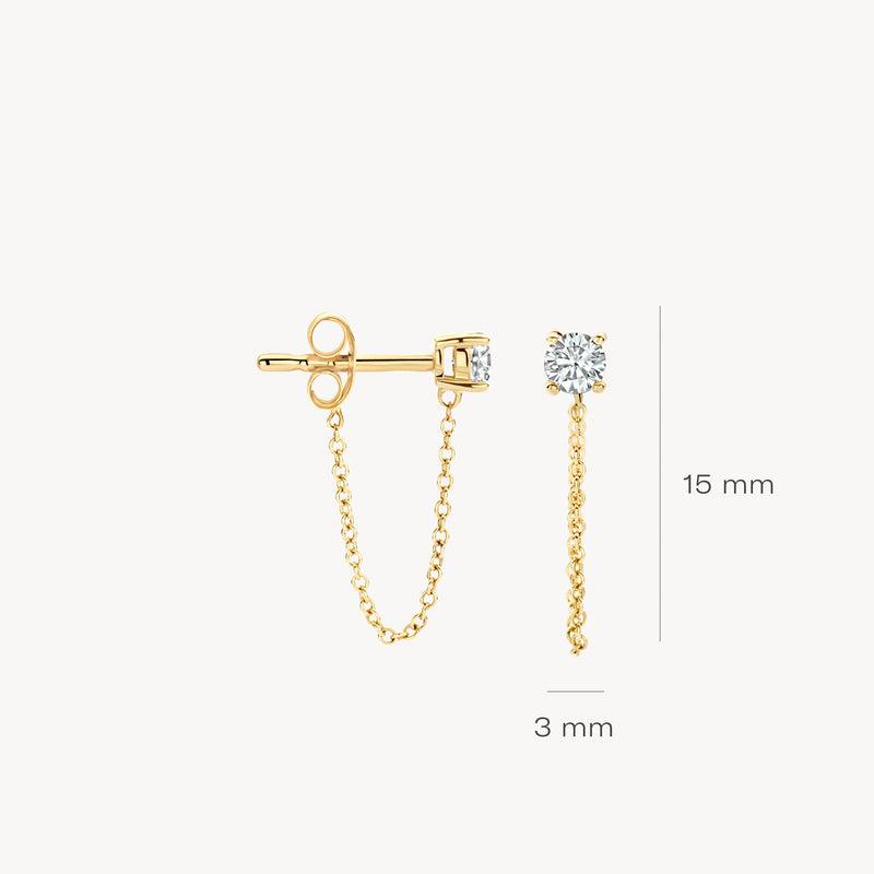 Puces d'oreilles en or jaune 14k avec Zircone et chaîne à maillons fins, 15 mm de long.