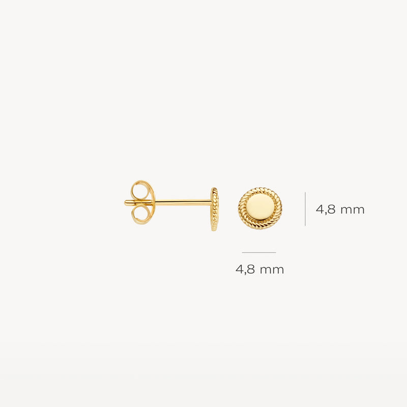 Oorknoppen van 14k geelgoud met geschulpte rand, diameter 4,8 mm.