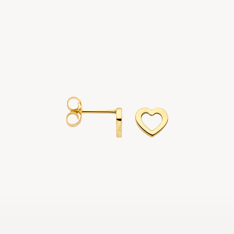 14k geelgouden oorknopjes met open hartvorm en rechte stift.