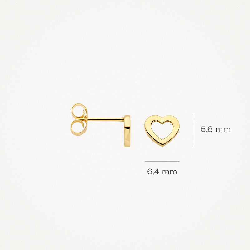 14k geelgouden oorknopjes met open hartvorm, 6,4 mm breed en 5,8 mm hoog.