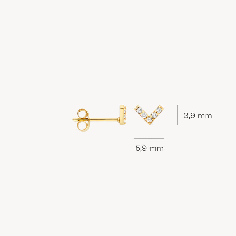 Ohrstecker aus 585er Gold in Chevronform mit Zirkoniasteinen, 5,9 mm breit, 3,9 mm hoch.