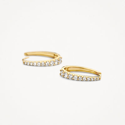 Earrings made of 14k gold with row of Zirconia and round shape, minimalist design.