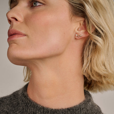 Oorknopjes van 14k goud met kleine zirkonia steentjes, gedragen aan damesoor.