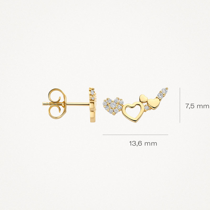 Ohrstecker Gold 585er mit weißen Zirkonen, Herzen und Größe 13,6x7,5 mm.